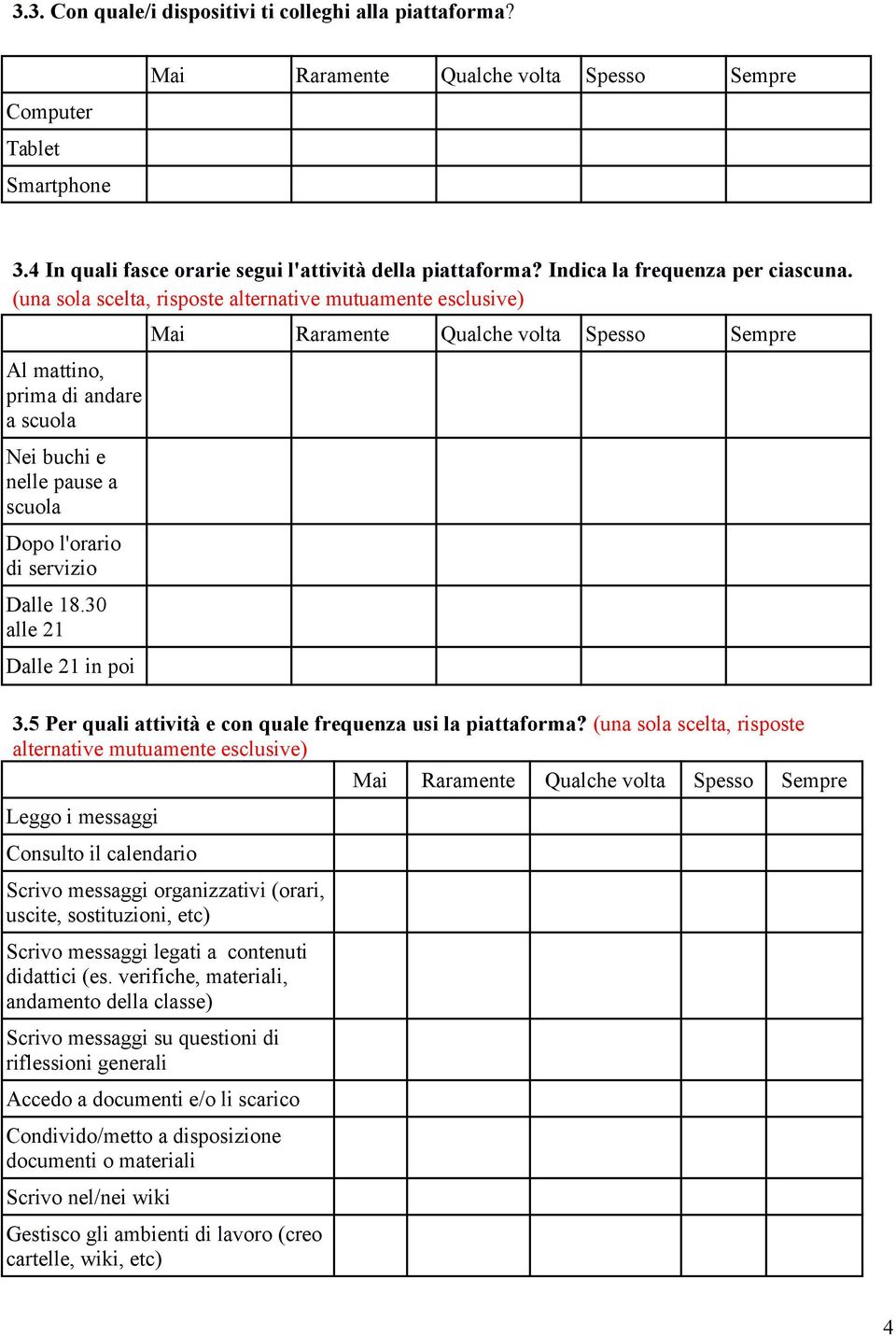 30 alle 21 Dalle 21 in poi Mai Raramente Qualche volta Spesso Sempre 3.5 Per quali attività e con quale frequenza usi la piattaforma?