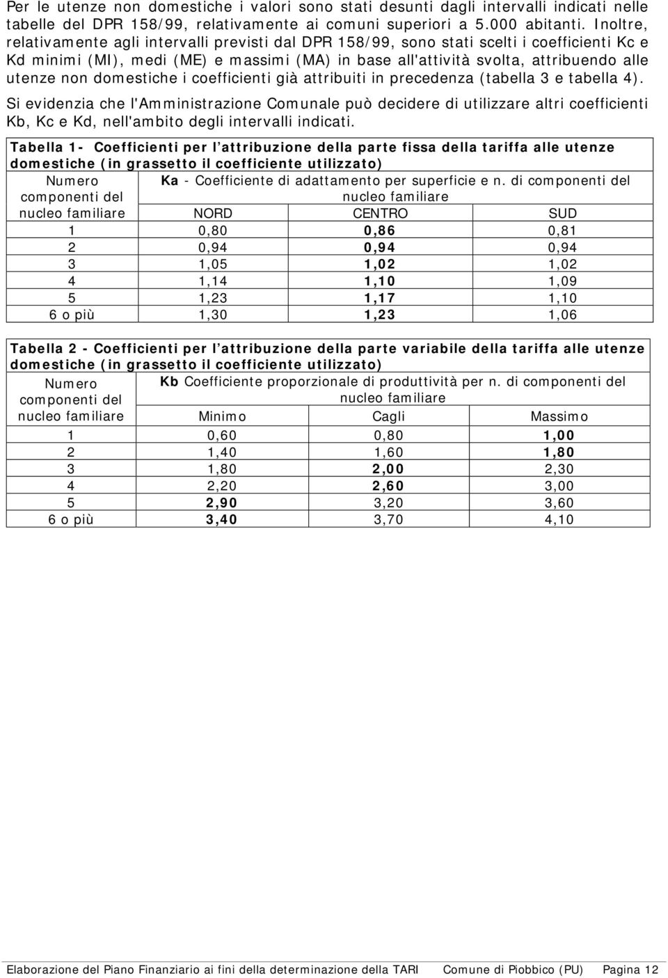 domestiche i coefficienti già attribuiti in precedenza (tabella 3 e tabella 4).