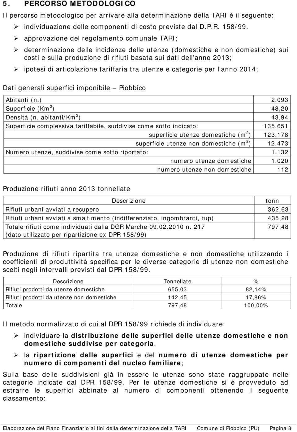 di articolazione tariffaria tra utenze e categorie per l'anno 2014; Dati generali superfici imponibile Piobbico Abitanti (n.) 2.093 Superficie (Km 2 ) 48,20 Densità (n.