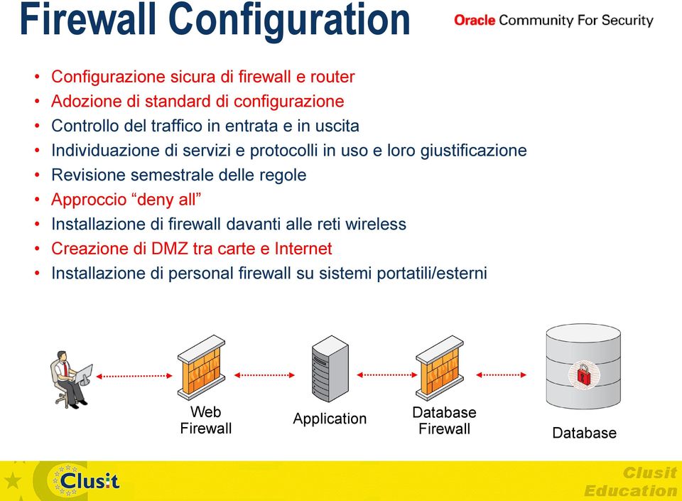 semestrale delle regole Approccio deny all Installazione di firewall davanti alle reti wireless Creazione di DMZ tra