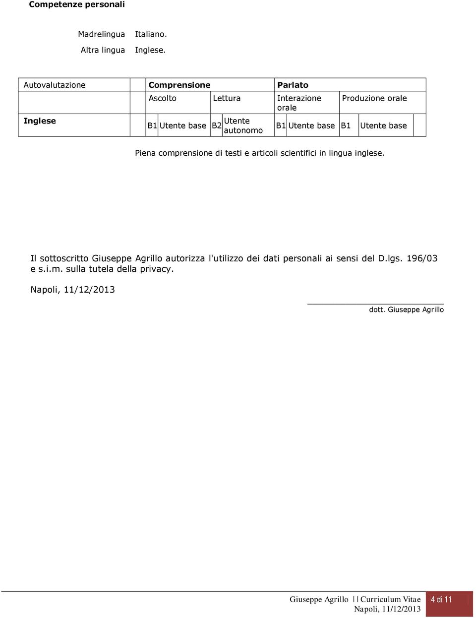 Utente base B1 Produzione orale Utente base Piena comprensione di testi e articoli scientifici in lingua inglese.