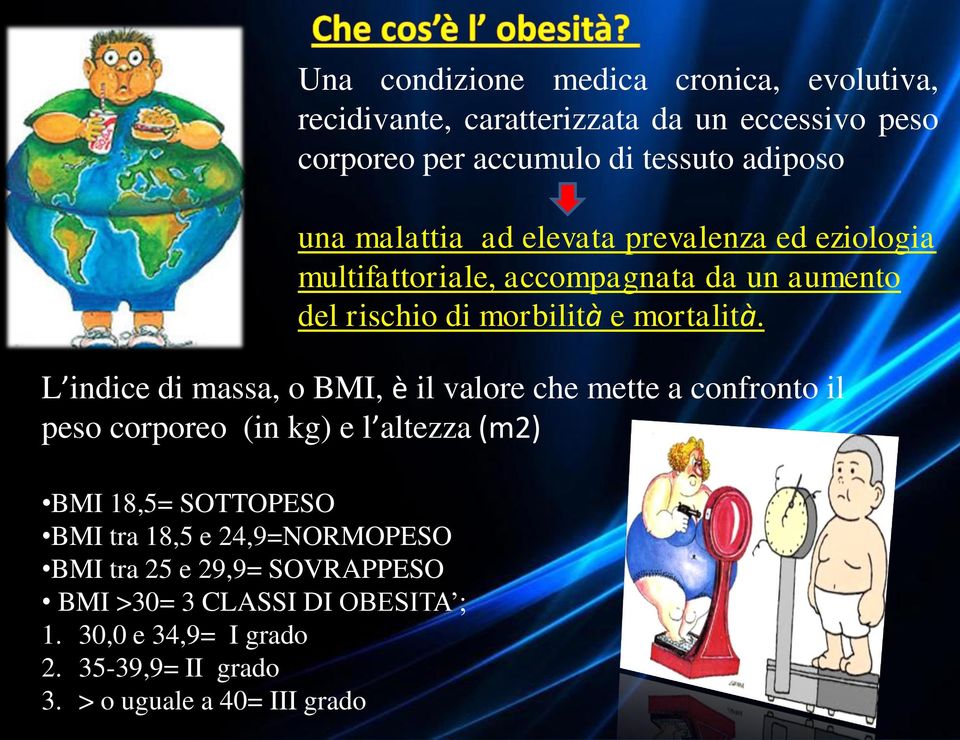 L indice di massa, o BMI, è il valore che mette a confronto il peso corporeo (in kg) e l altezza (m2) BMI 18,5= SOTTOPESO BMI tra 18,5 e