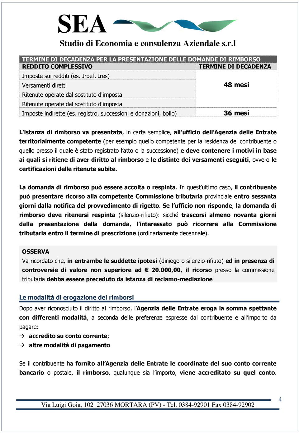 registro, successioni e donazioni, bollo) 48 mesi 36 mesi L istanza di rimborso va presentata, in carta semplice, all ufficio dell Agenzia delle Entrate territorialmente competente (per esempio