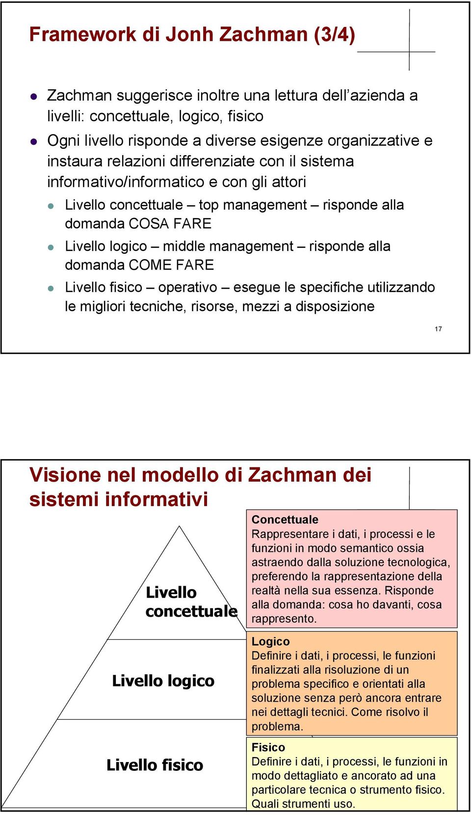 FARE Livello fisico operativo esegue le specifiche utilizzando le migliori tecniche, risorse, mezzi a disposizione 17 Visione nel modello di Zachman dei sistemi informativi Livello concettuale