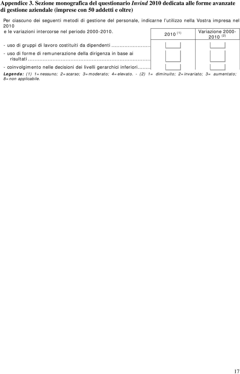 di gestione del personale, indicarne l utilizzo nella Vostra impresa nel 2010 e le variazioni intercorse nel periodo 2000-2010.