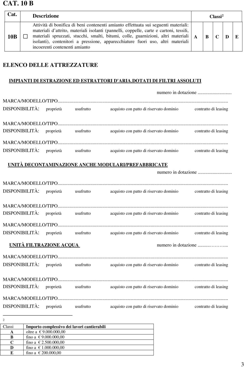 materiali spruzzati, stucchi, smalti, bitumi, colle, guarnizioni, altri materiali isolanti), contenitori a pressione, apparecchiature fuori uso, altri materiali incoerenti contenenti amianto A B C D