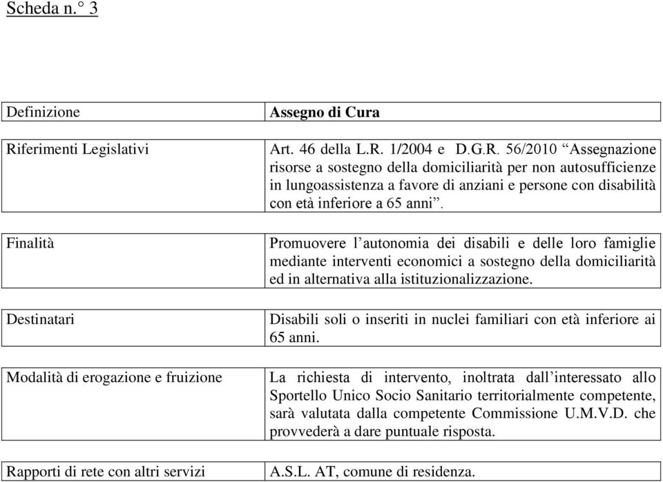 pporti di rete con altri servizi Assegno di Cura Art. 46 della L.R.