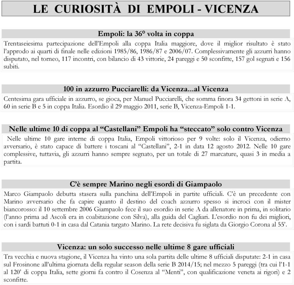 100 in azzurro Pucciarelli: da Vicenza...al Vicenza Centesima gara ufficiale in azzurro, se gioca, per Manuel Pucciarelli, che somma finora 34 gettoni in serie A, 60 in serie B e 5 in coppa Italia.