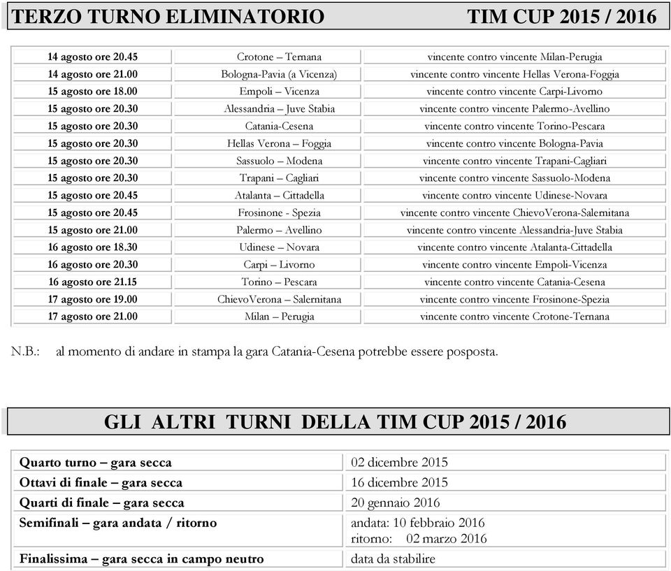 3 Alessandria Juve Stabia vincente contro vincente Palermo-Avellino 15 agosto ore 2.3 Catania-Cesena vincente contro vincente Torino-Pescara 15 agosto ore 2.