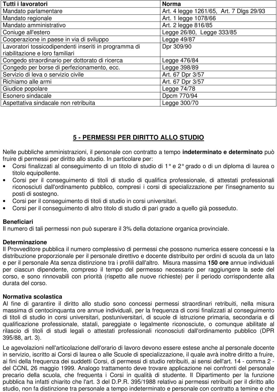 familiari Congedo straordinario per dottorato di ricerca Legge 476/84 Congedo per borse di perfezionamento, ecc. Legge 398/89 Servizio di leva o servizio civile Art.