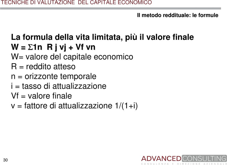 economico R = reddito atteso n = orizzonte temporale i = tasso di