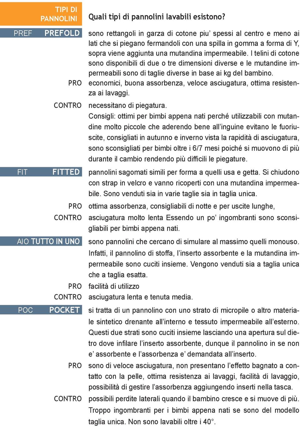 I telini di cotone sono disponibili di due o tre dimensioni diverse e le mutandine impermeabili sono di taglie diverse in base ai kg del bambino.