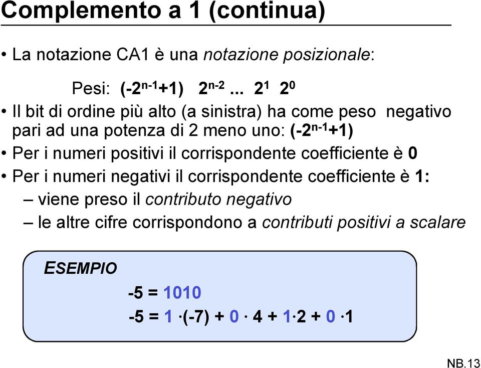 Per i numeri positivi il corrispondente coefficiente è 0 Per i numeri negativi il corrispondente coefficiente è 1: