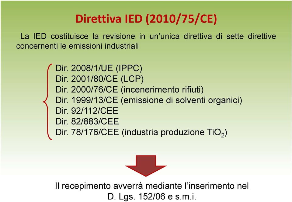 2000/76/CE (incenerimento rifiuti) Dir. 1999/13/CE (emissione di solventi organici) Dir. 92/112/CEE Dir.