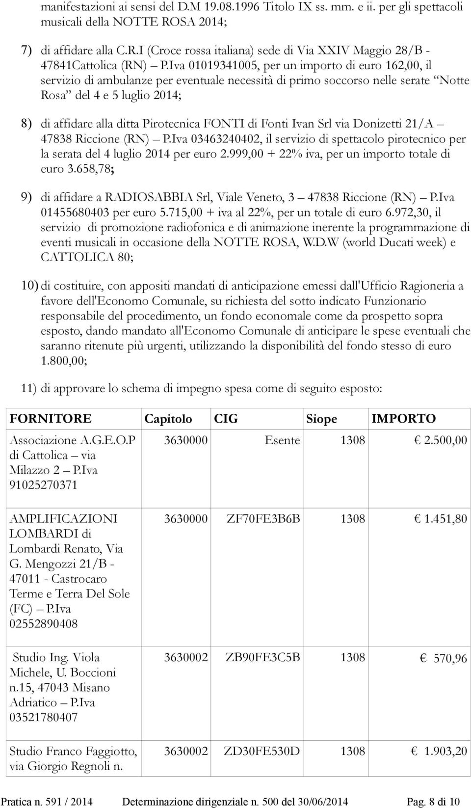 FONTI di Fonti Ivan Srl via Donizetti 21/A 47838 Riccione (RN) P.Iva 03463240402, il servizio di spettacolo pirotecnico per la serata del 4 luglio 2014 per euro 2.