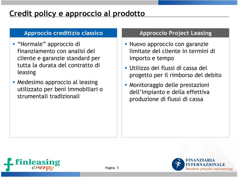 tradizionali Approccio Project Leasing Nuovo approccio con garanzie limitate del cliente in termini di importo e tempo Utilizzo dei flussi