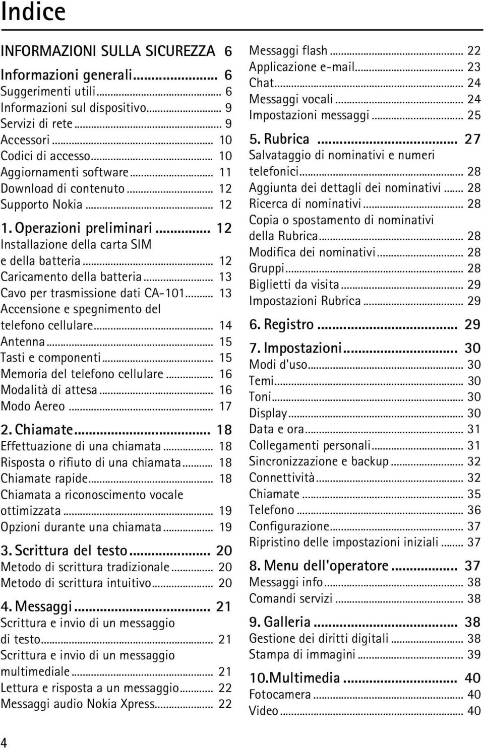 .. 13 Cavo per trasmissione dati CA-101... 13 Accensione e spegnimento del telefono cellulare... 14 Antenna... 15 Tasti e componenti... 15 Memoria del telefono cellulare... 16 Modalità di attesa.