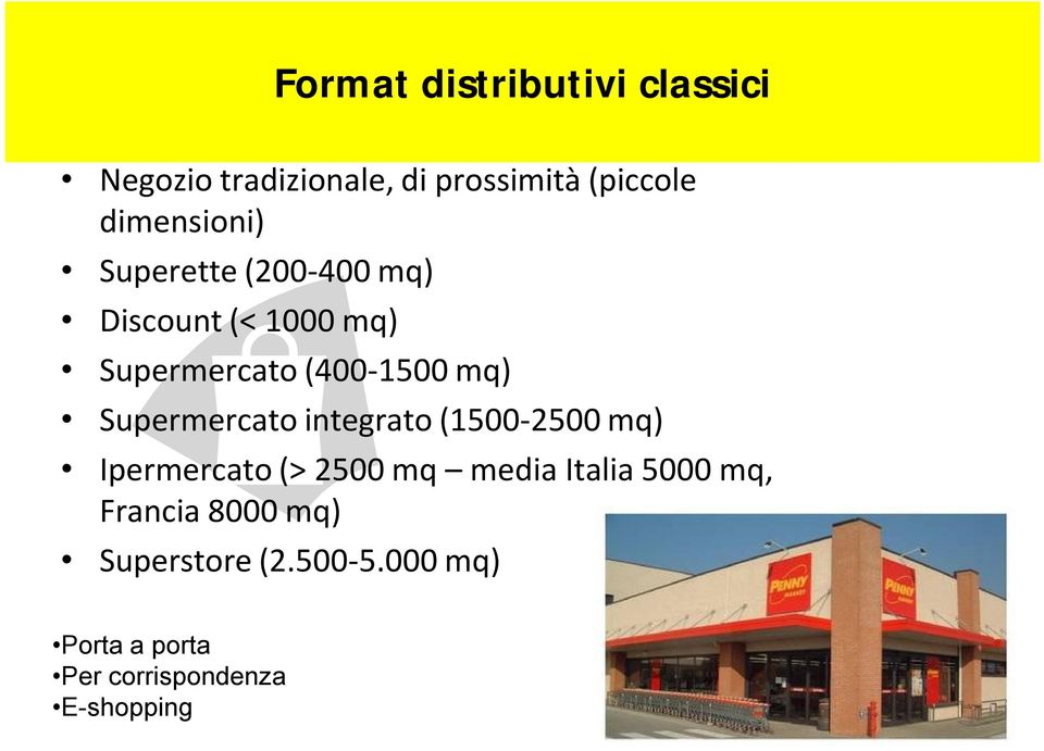 mq) Supermercato integrato (1500-2500 mq) Ipermercato (> 2500 mq media Italia