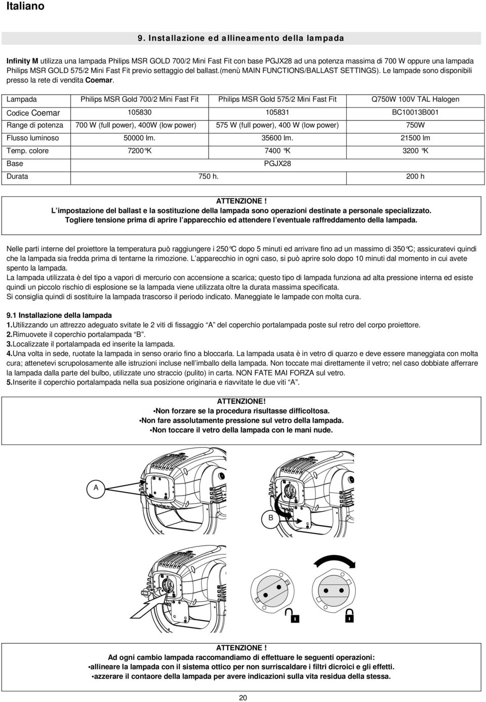 Lampada Philips MSR Gold 700/2 Mini Fast Fit Philips MSR Gold 575/2 Mini Fast Fit Q750W 100V TAL Halogen Codice Coemar 105830 105831 BC10013B001 Range di potenza 700 W (full power), 400W (low power)