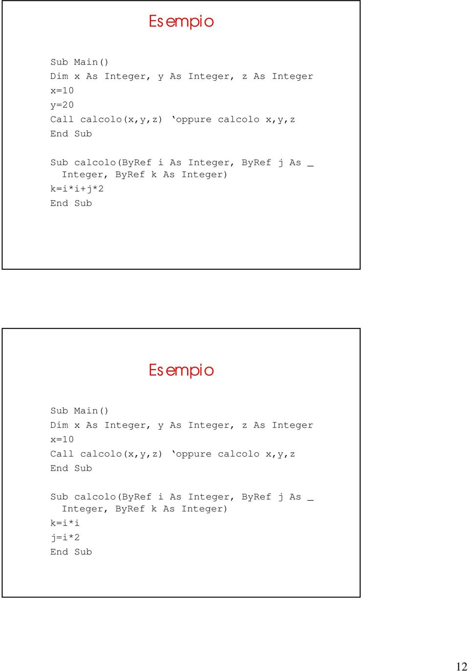 k=i*i+j*2 Es empio Sub Main() Dim x As Integer, y As Integer, z As Integer x=10 Call calcolo(x,y,z)