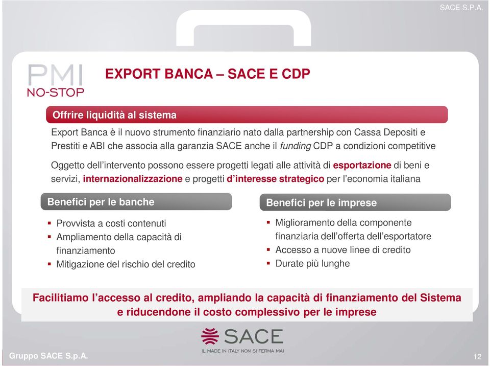 interesse strategico per l economia italiana Benefici per le banche Provvista a costi contenuti Ampliamento della capacità di finanziamento Mitigazione del rischio del credito Benefici per le imprese