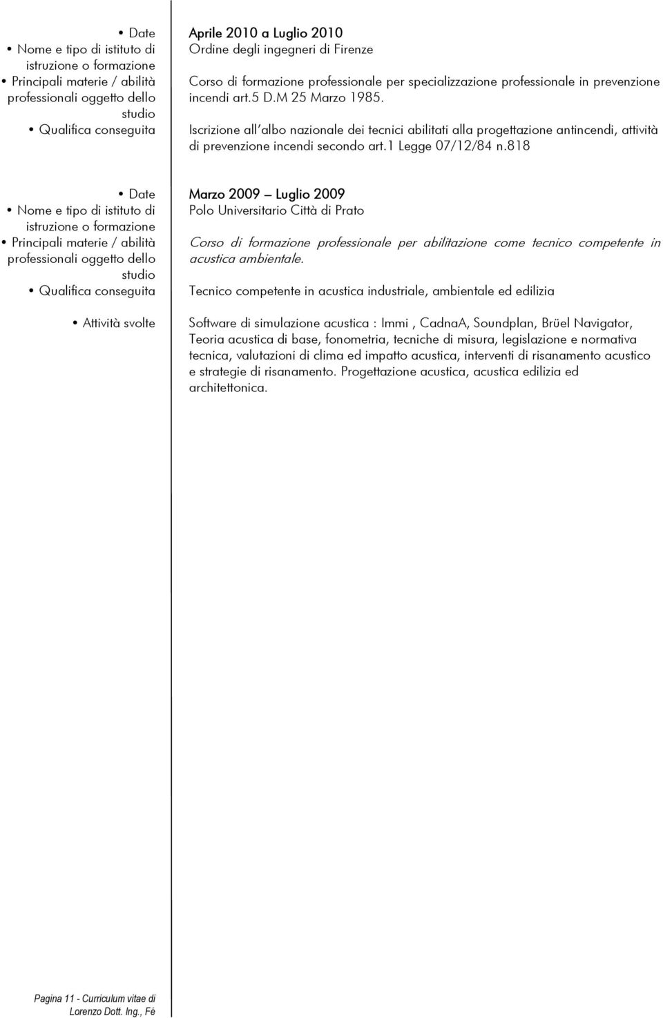 818 Date Marzo 2009 Luglio 2009 Nome e tipo di istituto di Polo Universitario Città di Prato Corso di formazione professionale per abilitazione come tecnico competente in acustica ambientale.