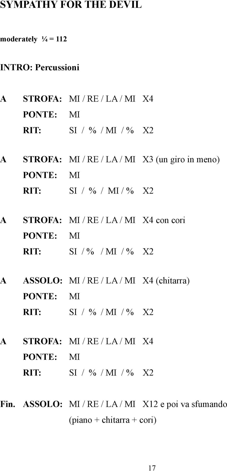 PONTE: MI SI / % / MI / % X2 SSOLO: MI / RE / L / MI X4 (chitarra) PONTE: MI SI / % / MI / % X2 STROF: MI / RE / L