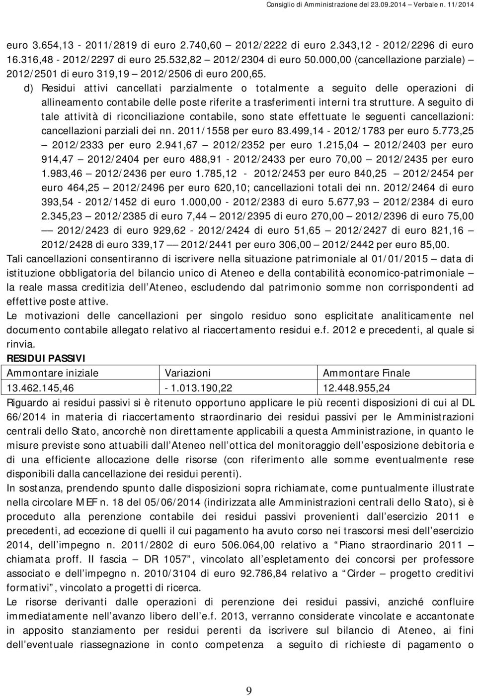 d) Residui attivi cancellati parzialmente o totalmente a seguito delle operazioni di allineamento contabile delle poste riferite a trasferimenti interni tra strutture.