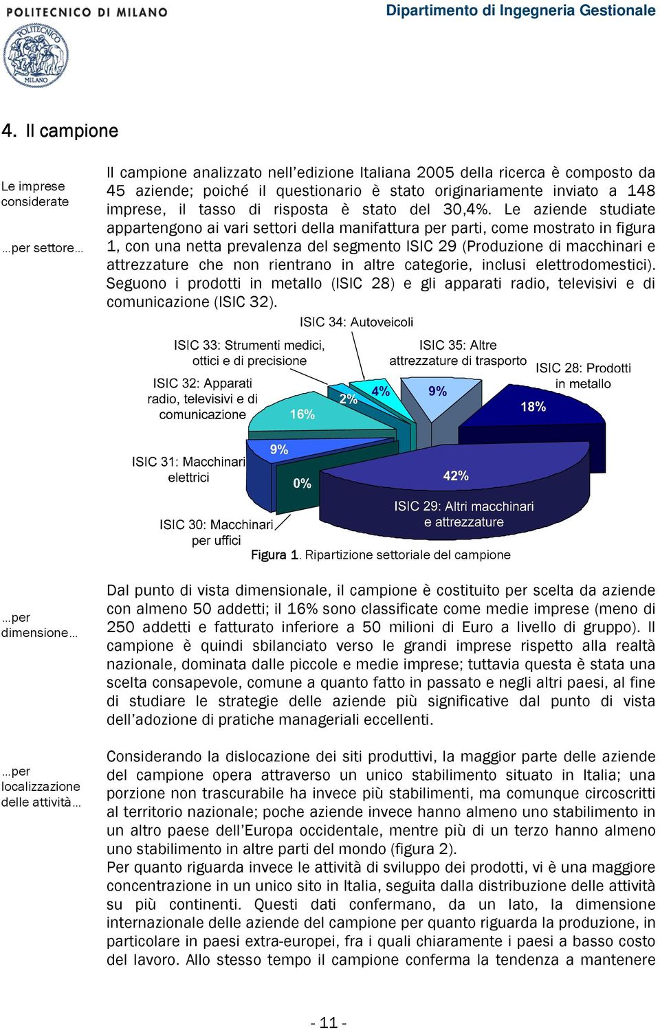 Le aziende studiate appartengono ai vari settori della manifattura per parti, come mostrato in figura, con una netta prevalenza del segmento ISIC 9 (Produzione di macchinari e attrezzature che non