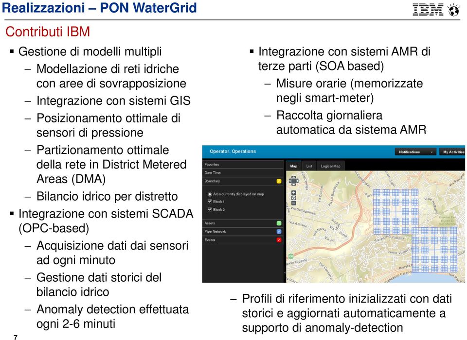 dai sensori ad ogni minuto Gestione dati storici del bilancio idrico Anomaly detection effettuata ogni 2-6 minuti Integrazione con sistemi AMR di terze parti (SOA based) Misure orarie