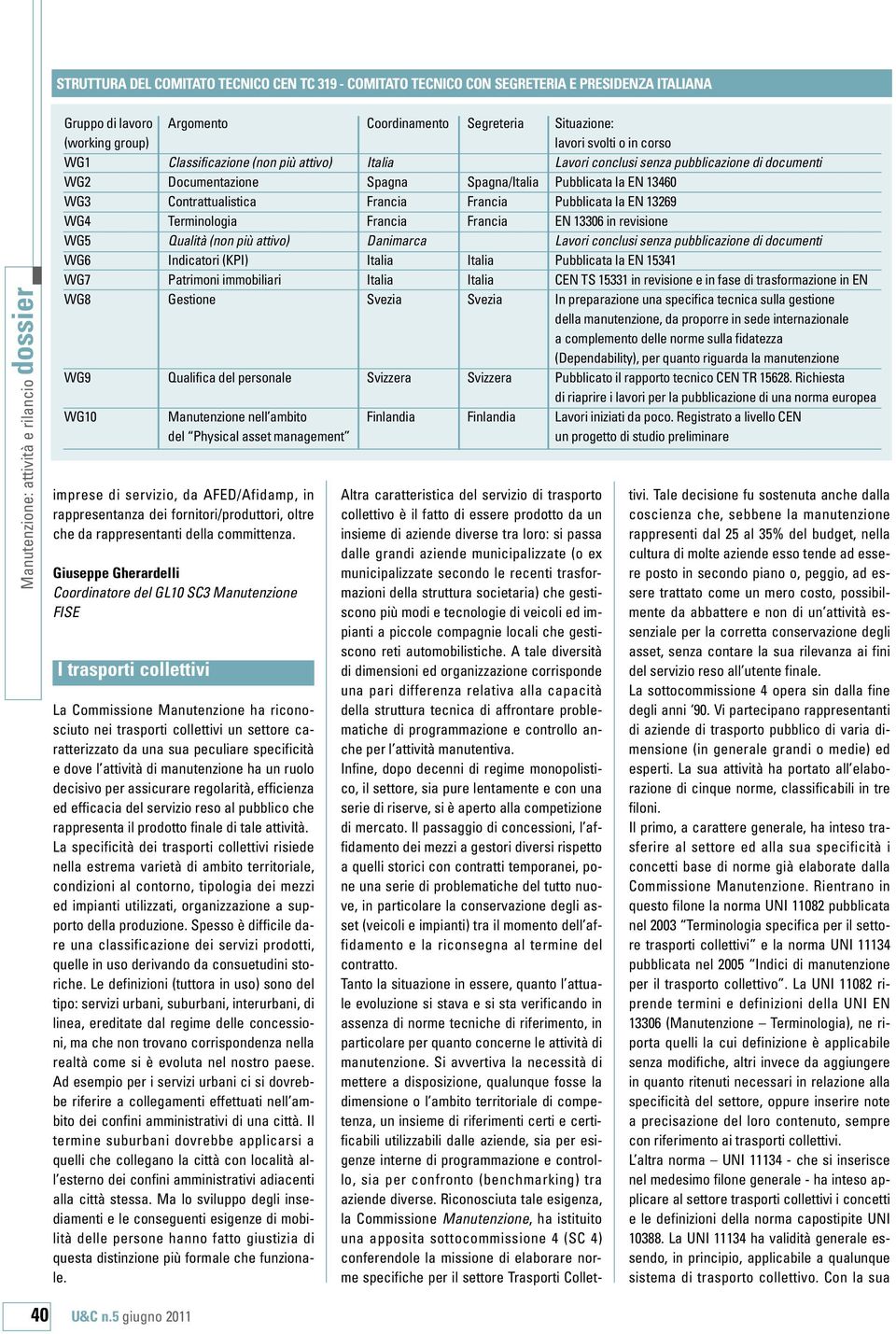 Pubblicata la EN 13269 WG4 Terminologia Francia Francia EN 13306 in revisione WG5 Qualità (non più attivo) Danimarca Lavori conclusi senza pubblicazione di documenti WG6 Indicatori (KPI) Italia