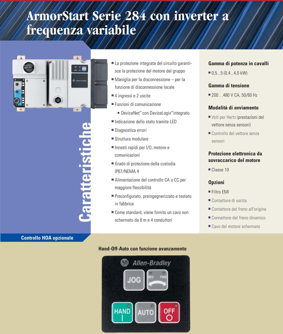 rapidi per I/O, motore e comunicazioni Grado di protezione della custodia IP67/NEMA 4 Alimentazione del controllo CA o CC per maggiore flessibilità Preconfigurato, preingegnerizzato e testato in