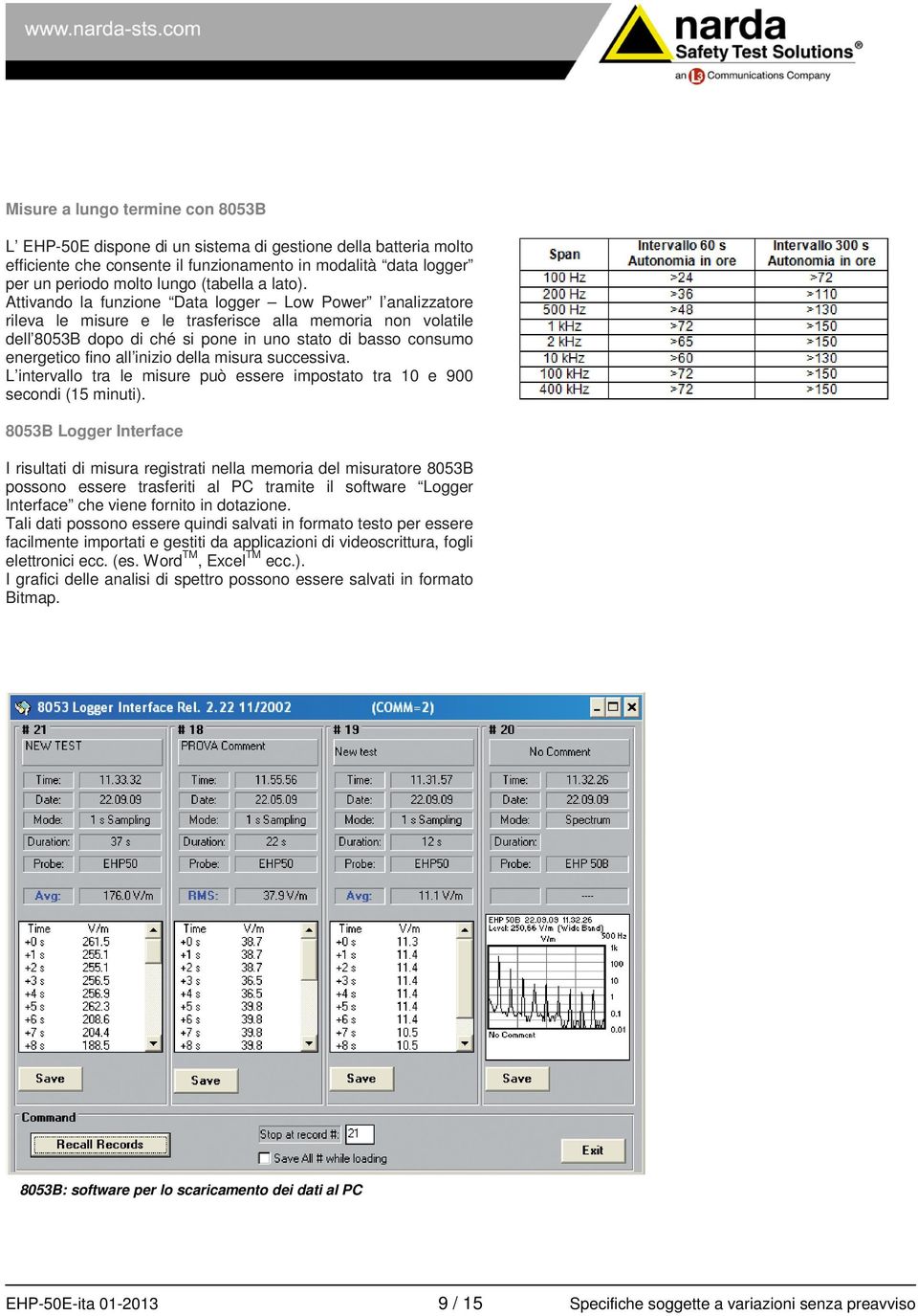 Attivando la funzione Data logger Low Power l analizzatore rileva le misure e le trasferisce alla memoria non volatile dell 8053B dopo di ché si pone in uno stato di basso consumo energetico fino all