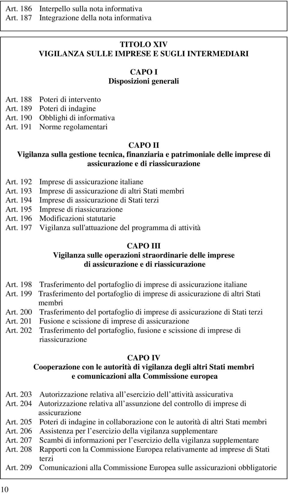 191 Norme regolamentari CAPO I Disposizioni generali CAPO II Vigilanza sulla gestione tecnica, finanziaria e patrimoniale delle imprese di assicurazione e di riassicurazione Art.