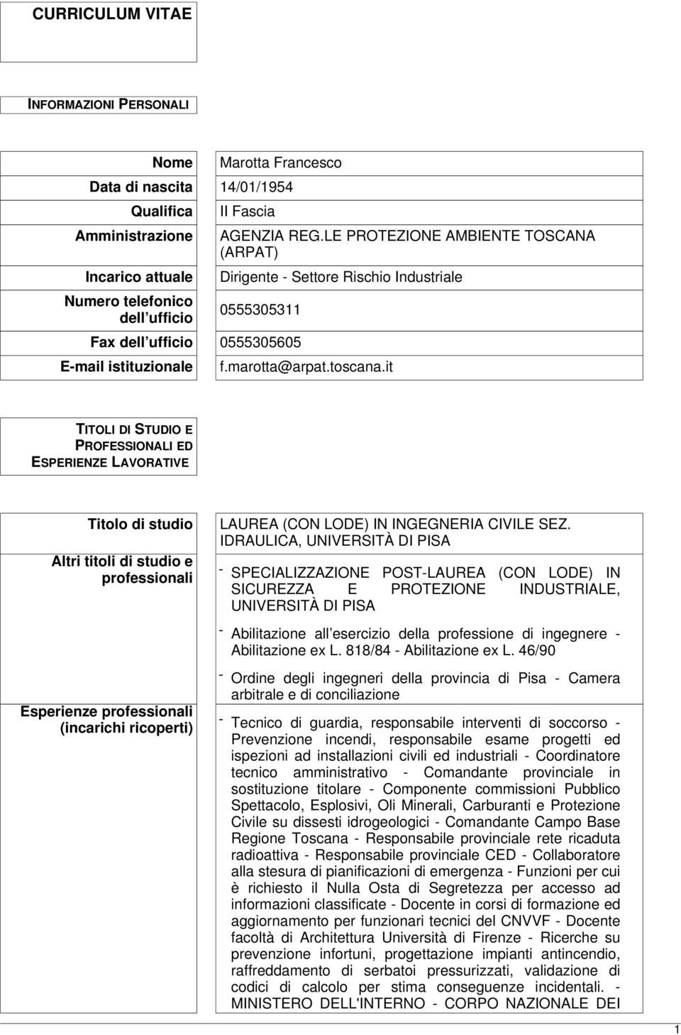 it TITOLI DI STUDIO E PROFESSIONALI ED ESPERIENZE LAVORATIVE Titolo di studio Altri titoli di studio e professionali Esperienze professionali (incarichi ricoperti) LAUREA (CON LODE) IN INGEGNERIA