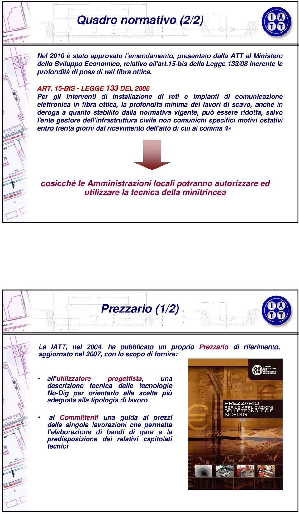 15-BIS - LEGGE 133 DEL 2008 Per gli interventi di installazione di reti e impianti di comunicazione elettronica in fibra ottica, la profondità minima dei lavori di scavo, anche in deroga a quanto