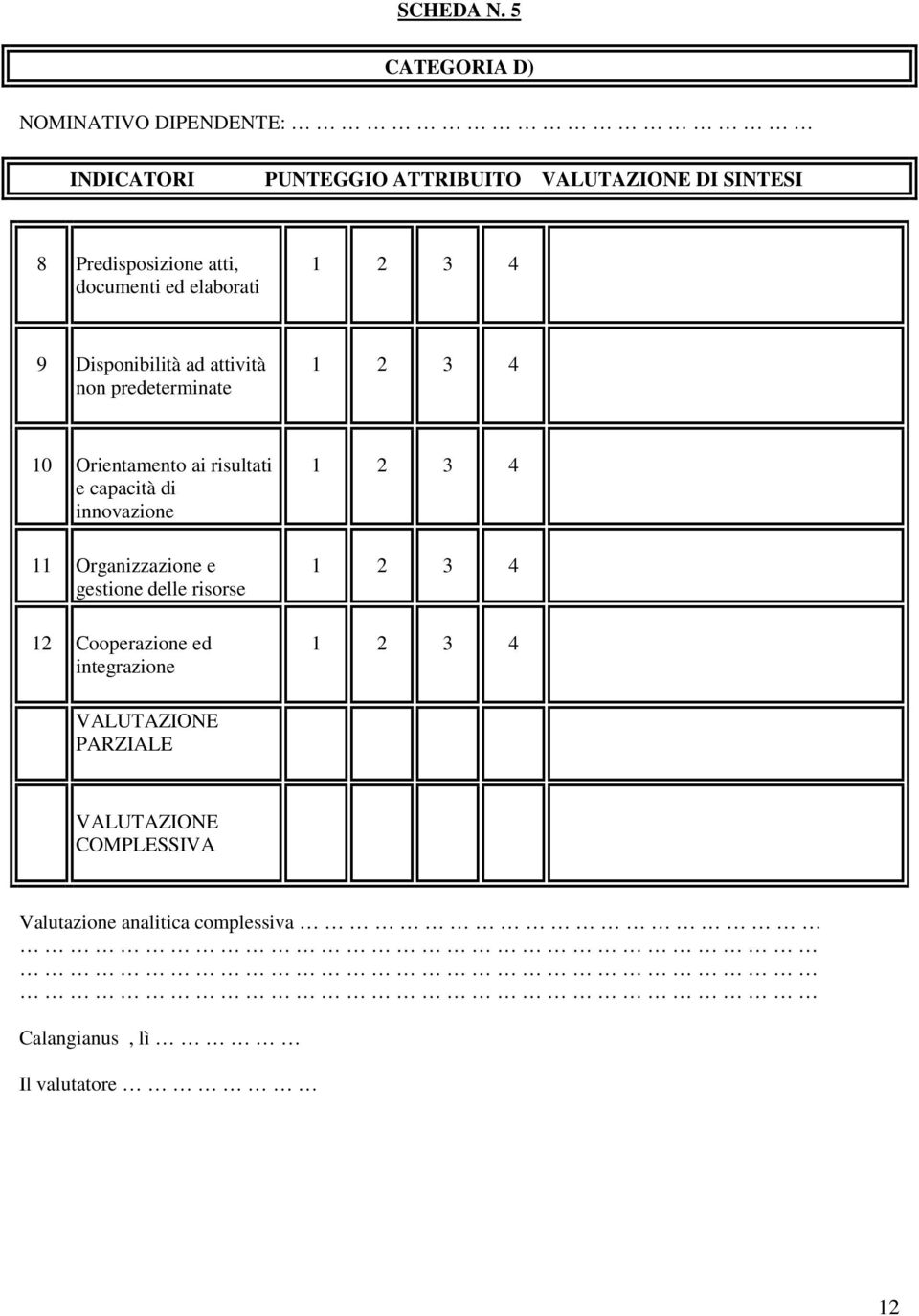 atti, documenti ed elaborati 9 Disponibilità ad attività non predeterminate 10 Orientamento ai