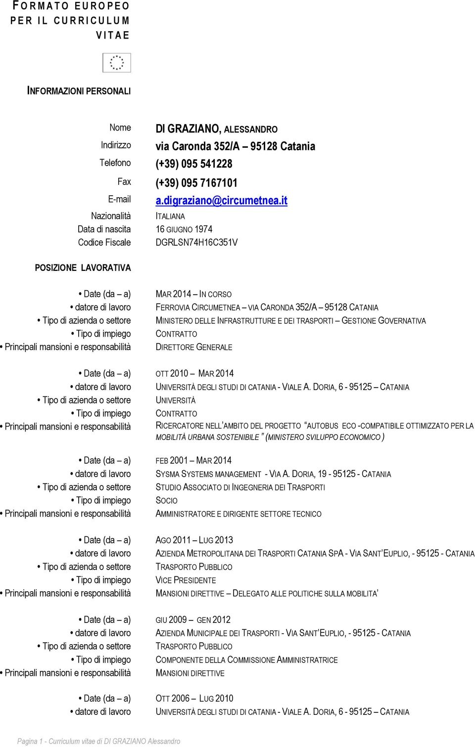 it Nazionalità ITALIANA Data di nascita 16 GIUGNO 1974 Codice Fiscale DGRLSN74H16C351V POSIZIONE LAVORATIVA Date (da a) datore di lavoro Tipo di azienda o settore Tipo di impiego Principali mansioni