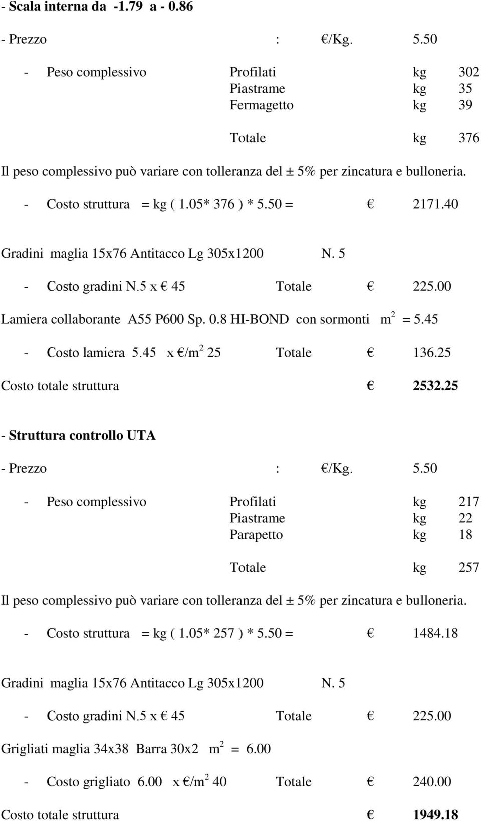 05* 376 ) * 5.50 = 2171.40 Gradini maglia 15x76 Antitacco Lg 305x1200 N. 5 - Costo gradini N.5 x 45 Totale 225.00 Lamiera collaborante A55 P600 Sp. 0.8 HI-BOND con sormonti m 2 = 5.