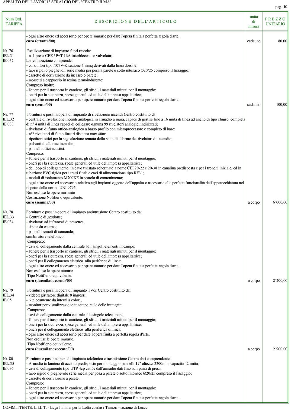 fissaggio; - cassette derivazione da incasso o parete; Compreso inoltre: euro (cento/00) cadauno 100,00 Nr. 77 Fornitura e posa in opera impianto rivelazione incen Centro costituito da: IEL.