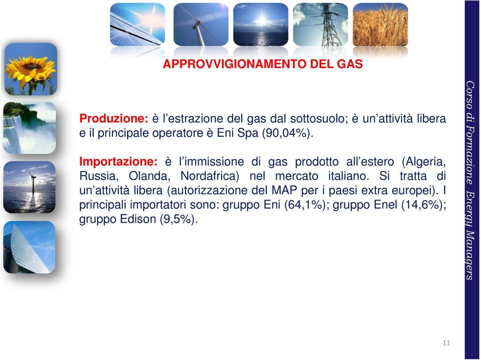 Importazione: è l immissione di gas prodotto all estero (Algeria, Russia, Olanda, Nordafrica) nel mercato