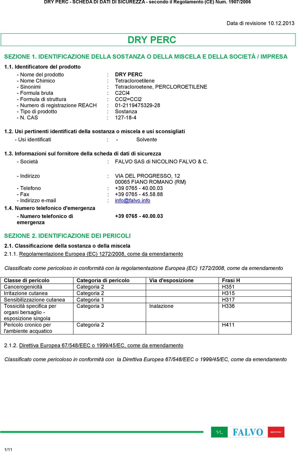 IDENTIFICAZIONE DELLA SOSTANZA O DELLA MISCELA E DELLA SOCIETÀ / IMPRESA 1.1. Identificatore del prodotto 1.2.