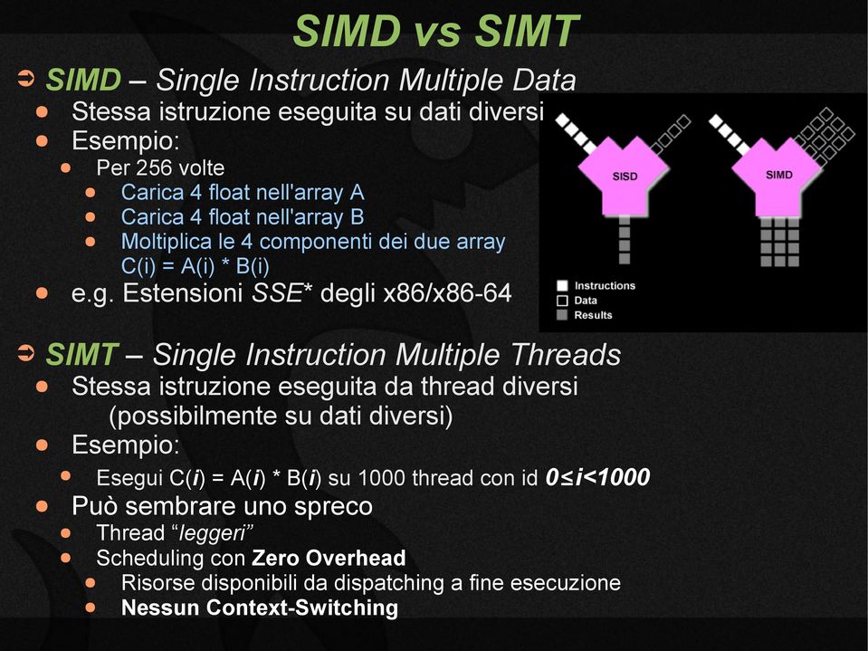 Estensioni SSE* degli x86/x86-64 SIMT Single Instruction Multiple Threads Stessa istruzione eseguita da thread diversi (possibilmente su dati