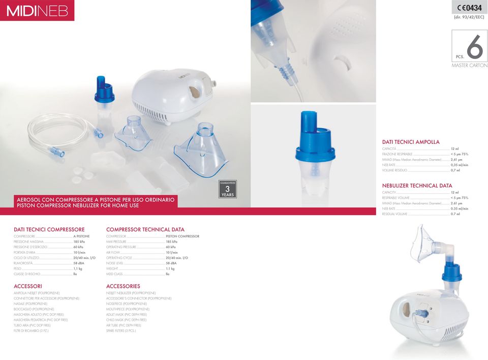 COMPRESSOR NEBULIZER FOR HOME USE NEBULIZER TECHNICAL DATA CAPACITY RESPIRABLE VOLUME MMAD (Mass Median Aerodinamic Diameter) 2.61 µm 0.5 ml/min RESIDUAL VOLUME 0.