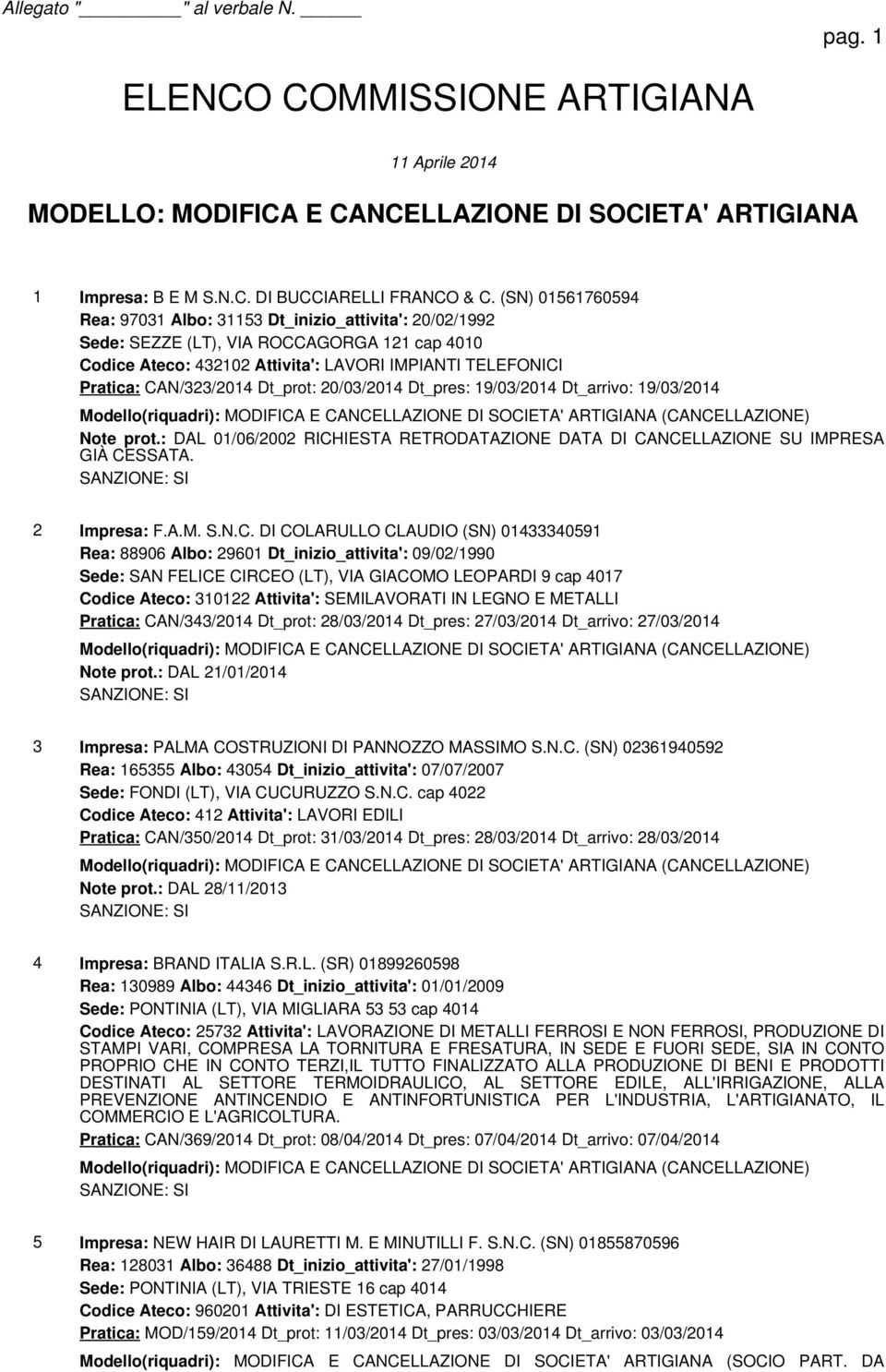 Dt_prot: 20/03/2014 Dt_pres: 19/03/2014 Dt_arrivo: 19/03/2014 Modello(riquadri): MODIFICA E CANCELLAZIONE DI SOCIETA' ARTIGIANA (CANCELLAZIONE) Note prot.