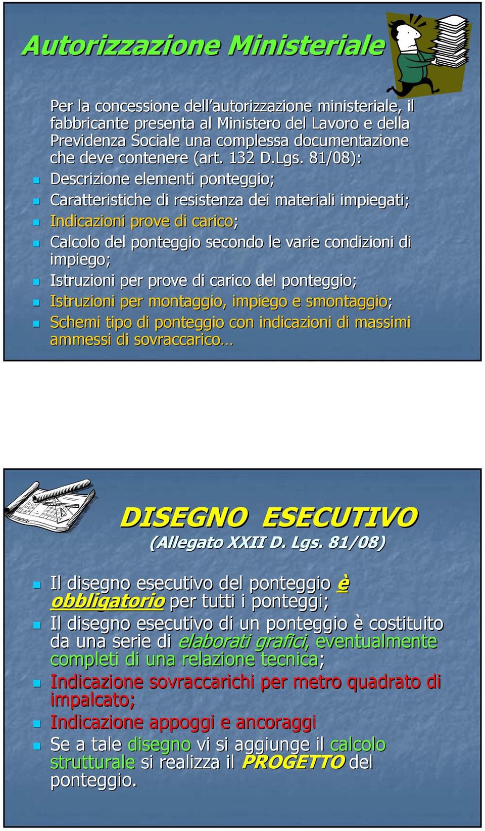 81/08): Descrizione elementi ponteggio; Caratteristiche di resistenza dei materiali impiegati; Indicazioni prove di carico; Calcolo del ponteggio secondo le varie condizioni di impiego; Istruzioni