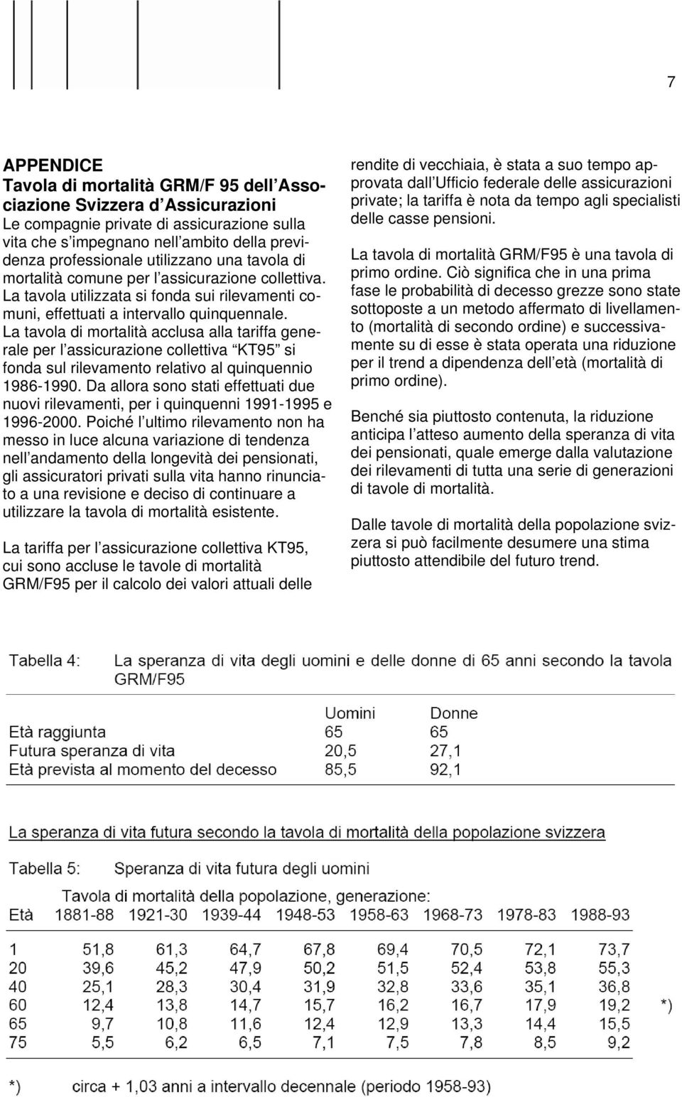 La tavola di mortalità acclusa alla tariffa generale per l assicurazione collettiva KT95 si fonda sul rilevamento relativo al quinquennio 1986-1990.