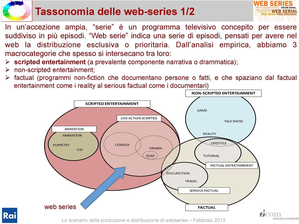 Dall analisi empirica, abbiamo 3 macrocategorie che spesso si intersecano tra loro: scripted entertainment (a prevalente componente narrativa o drammatica); non-scripted entertainment; factual