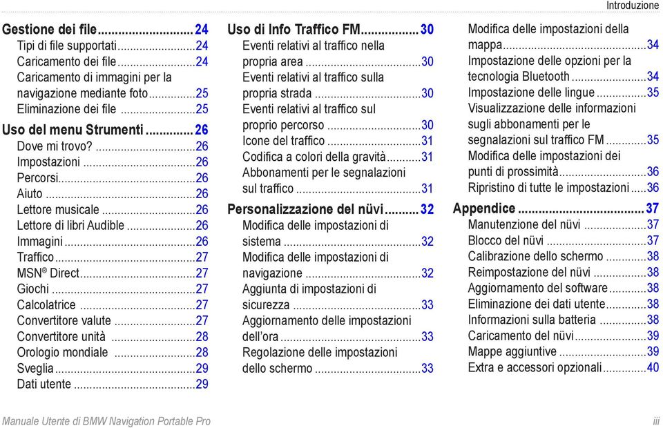 ..27 Convertitore valute...27 Convertitore unità...28 Orologio mondiale...28 Sveglia...29 Dati utente...29 Uso di Info Traffico FM...30 Eventi relativi al traffico nella propria area.