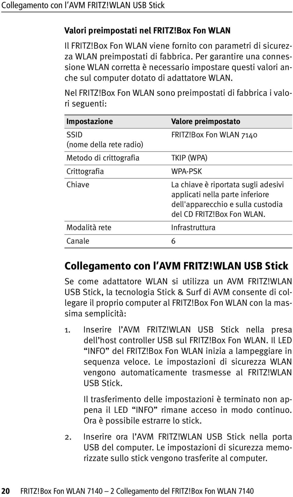 Box Fon WLAN sono preimpostati di fabbrica i valori seguenti: Impostazione Valore preimpostato SSID FRITZ!